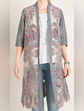 CHICO'S Embroidered Sheer Gray Kimono with Pink & Cream Accents